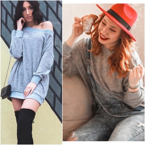 Dresses & Skirts - oversized grey off shoulder knit sweater dress